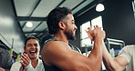 Applause, high five and fitness with people in gym for challenge goals, workout achievement and team. Success, winner and exercise with group of friends in sports club for training and celebration