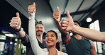 Thumbs up, sports and group of people in gym with exercise achievement, goal or motivation. Happy, health and athletes with agreement hand gesture, sign or emoji for workout in fitness center.