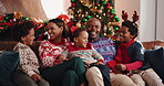 Laugh, family and happy for Christmas with holiday, love and celebration in living room. Embrace, home and African people for festive season with parents, smile and support for vacation bonding