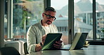 Laptop, typing and tablet with business man in office for article editor, planning and publication. Email newsletter, proofreading draft and journalist story with person and stylus in agency