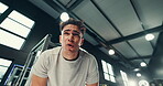 Below, tired and athlete man at gym for fitness, intense exercise and break from workout. Male person, breathing and sweating with exhaustion, training and burnout recovery from endurance challenge