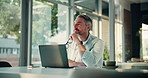 Laptop, thinking and glasses with business man in office for article editor, vision and publication. Email newsletter, proofreading draft and journalist story with mature person for reelection