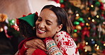 Smile, mother and hug child on Christmas for love, care and holiday celebration in family home. Xmas, mom and embrace kid in house for connection, support and thank you for gratitude with happiness