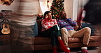 Frustrated parents, christmas or headache on sofa with chaos for burnout, ADHD kids or busy home. Tired, mom and dad with running children, anxiety or fatigue for stress in crazy living room or house