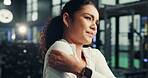 Fitness, woman and shoulder pain in gym, sore or hurt with training accident, massage and fractured. Injury, person and muscle strain in health club, discomfort and joint tension or broken bone