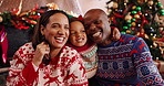 Face, parents and selfie with child, Christmas or love on festive season, profile picture or memory. Happy, African people and bonding with kid on Xmas holiday, photography and laughing in house