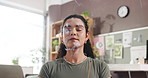 Burning incense, meditation and yoga with woman in home living room for balance or inner peace. Aroma stick, smoke and zen with person in apartment for aromatherapy, mindfulness or holistic healing