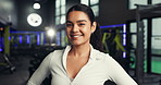 Happy, personal trainer and face of woman in gym for exercise, training routine and workout. Fitness center, health club and portrait of person with confidence, pride and smile for wellness coach
