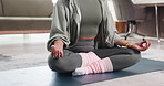 Yoga, meditation and hands of woman in home for zen, mindfulness pose and holistic fitness in lounge. Yogi, breathing exercise and relax for peace, calm and spiritual practice with mudra for chakra