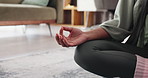 Hands, lotus and meditation in house, half and morning routine for self awareness and mental health. Calm, yoga and person with mindfulness, healing or wellness with positive energy in home or zen