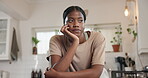 Bored, black woman and thinking in home, sad or student with disappointment, mental health or lonely. Reflection, remember and unhappy in kitchen, alone and thoughtful of college, wonder and moody