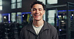 Smile, personal trainer and face of man in gym for exercise, training routine and workout. Fitness center, health club and portrait of person with confidence, pride and happy for wellness coach