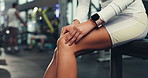 Knee pain, hands and woman at gym with training accident, mistake or emergency and risk. Leg strain, stress or athlete with joint massage for muscle injury, bruise or inflammation or tendinitis