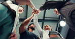Celebration, high five and group in gym, success and happy for fitness goals, together and applause. Clapping, people and achievement of workout progress, low angle or motivation for health milestone