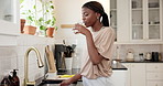 Health, kitchen and black woman drinking water for wellness, diet and nutrition in home. Happy African girl, thirsty and glass with fresh beverage for hydration benefits, electrolytes or detox liquid