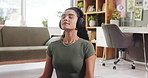 Meditation, calm and woman in home with headphones for wellness podcast, subscription and streaming. Morning routine, relax and person listening to guided audio for peace, mindfulness and zen mindset