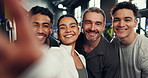 Gym group, face and hands with selfie for training memory, social media post and fitness blog. Happy, people and photography at sports facility for workout class, exercise support and profile picture