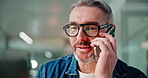 Office, phone call and man with laptop, discussion or request for statement, journalist and talking. News, reporter and mature person with mobile for communication, story or chat with source at night