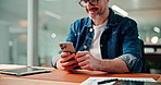 Phone, hands and business man in office for networking, review data or financial insight. Mobile, mature manager and typing message online, thinking and smile with chart for investment results