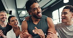 Happy, team and people applause in gym for workout goals, exercise and training together. Clapping, friends and men with woman celebrate in fitness class for wellness success, health and achievement