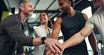 Hands together, support and fitness with people in gym for challenge goals, workout achievement and team. Success, applause and exercise with friends in sports club for training or celebration