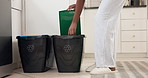 Closeup, home and woman with recycle bins, plastic and garbage with litter, reduce waste and reuse. Apartment, trash or person with sustainability, environment or eco friendly with renewable material