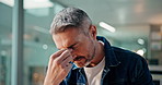 Business, man and headache of stress in office for trading loss, bad investment and overworked. Trader, mature person and migraine for stock market crash, massage temples or pressure for plummet risk