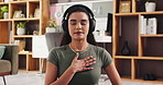 Health, breathing and woman in home with meditation, zen or mindfulness in living room in morning. Calm, wellness and female person with relax, spiritual or yoga exercise for balance in apartment.