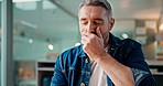 Business, yawn and man in office, fatigue and overwhelmed with burnout, pain and creativity. Mature person, employee and journalist in workplace, exhausted and depression with stress and tired