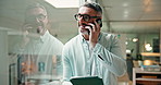 Office, phone call and man with tablet, discussion or request for statement, journalist and talking. News, reporter and mature person with mobile for communication, story or chat with source at night