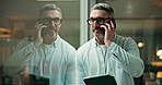 Office, phone call and man with tablet, talking or request for statement, journalist and discussion. News, reporter and mature person with mobile for communication, story or chat with source at night