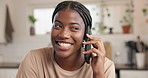 Phone call, smile and thinking with black woman in kitchen of home for conversation or gossip. Communication, idea and mobile with happy African person in apartment for contact, speaking or update