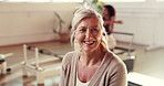 Pilates, happy and face of mature woman for wellness, exercise and workout machine. Health club, smile and portrait of person in gym with confidence for training session, yoga and fitness class