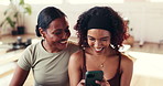 Happy women, friends and social media with phone in fitness for network or connection in gym. Female people, smile and research with mobile smartphone for health app, wellness tips or post in club