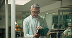 Creative, ideas and man with tablet, office and inspiration search for interior design and browsing. Business, designer and mature person with tech for remodeling project, planning or check on web