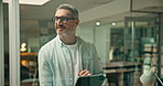 Thinking, creative and man with tablet, office and inspiration search for interior design or online. Reflection, designer and mature person with tech for remodeling project, planning or ideas on web
