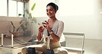 Laughing, phone and pilates with woman on studio floor for break from exercise or fitness routine. App, social media and text message with funny person in health class for communication or recovery
