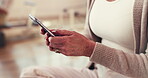 Hands, phone and yoga with senior in studio to check app for online fitness progress or schedule. Social media, text message and typing with yogi woman in health class for communication or exercise
