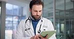 Man, doctor and thinking with tablet for medical research, study or telehealth app in hospital. Male person, healthcare worker or employee contemplating with technology for online results in clinic