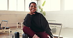 Pilates, happy and face of woman in class for wellness, exercise and workout machine. Health club, smile and portrait of person in gym with confidence for training session, yoga and fitness lesson