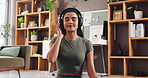 Home, yoga and woman with headphones, meditation and relax with calm music, app and sound. Apartment, audio therapy and happy person on floor, fitness and wellness with balance, exercise and radio