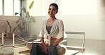 Face, woman and fitness with pilates machine, health or training with reformer bed, pride or routine. Happy, person and equipment for core strength, laughing and exercise for wellness in gym or USA