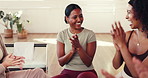 Applause, support and women in studio, fitness and wellness with smile, humor and exercise. Friends, clapping or people in class, workout goal and success with healthy routine, motivation or laughing