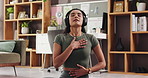 Zen, headphones and woman in home with meditation, relax or mindfulness in living room in morning. Calm, wellness and female person with health, spiritual or yoga exercise for balance in apartment.