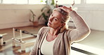 Stretching, fitness and senior woman in studio, exercise and wellness with retirement. Pensioner, peaceful and mature person with progress, balance and pilates with workout, challenge and breathing