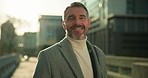 Morning, city and face of business man with smile on commute to work, career and office in town. Professional, corporate and portrait of mature person with confidence, pride and ambition outdoor