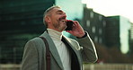 Phone call, laugh and business man in city walking for online discussion, networking and conversation. Corporate, morning commute and mature person on smartphone for talking, chat and communication
