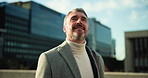 Business, thinking and man in city, smile and urban town with creative entrepreneur, pride or ideas. Mature person, outdoor or professional in street, decision or daydreaming with cellphone or choice