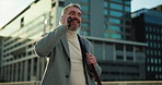 Phone call, happy and business man in city for online discussion, networking and conversation. Walking, morning commute and mature person on smartphone for talking, consulting and communication