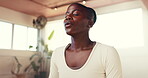 Breathing, relax and yoga with black woman in studio for awareness, balance or inner peace. Holistic exercise, meditation and mindfulness with yogi person in fitness class for health, wellness or zen